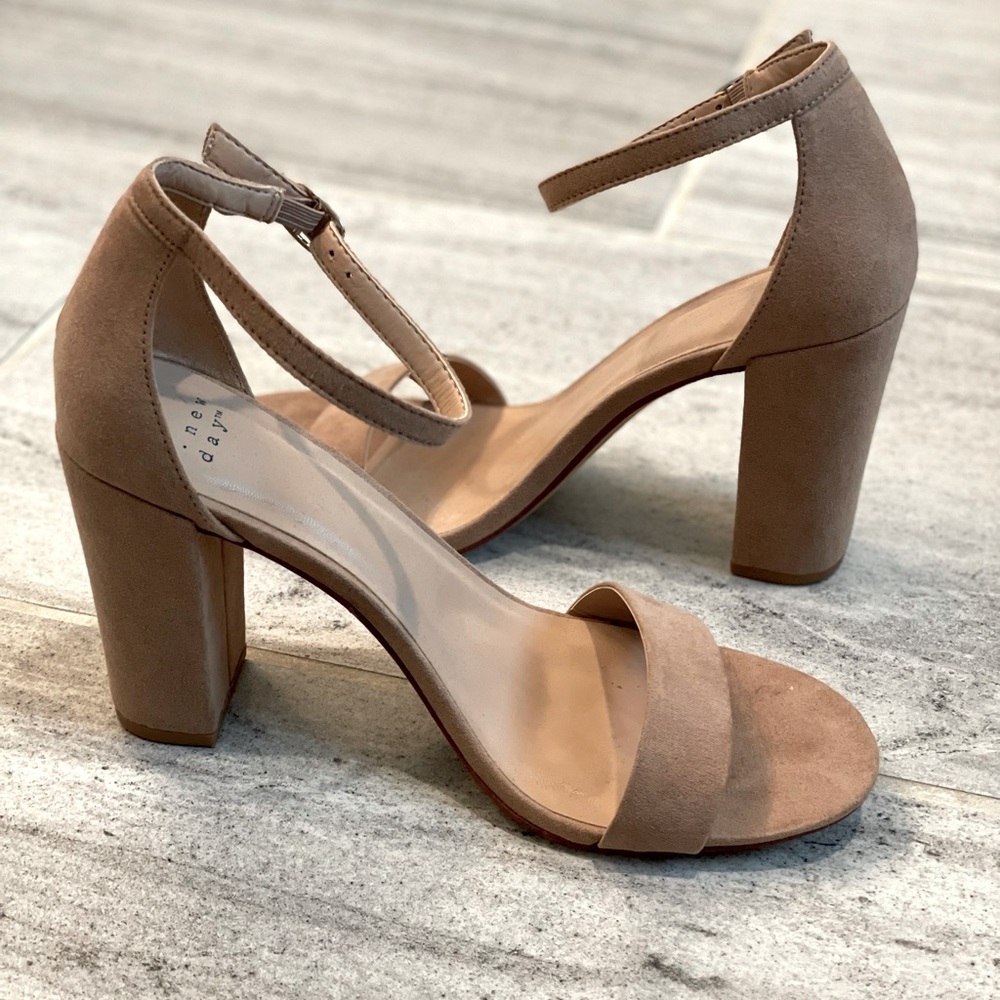 A New Day Ema Taupe Ankle Strap Block Heel Pumps
